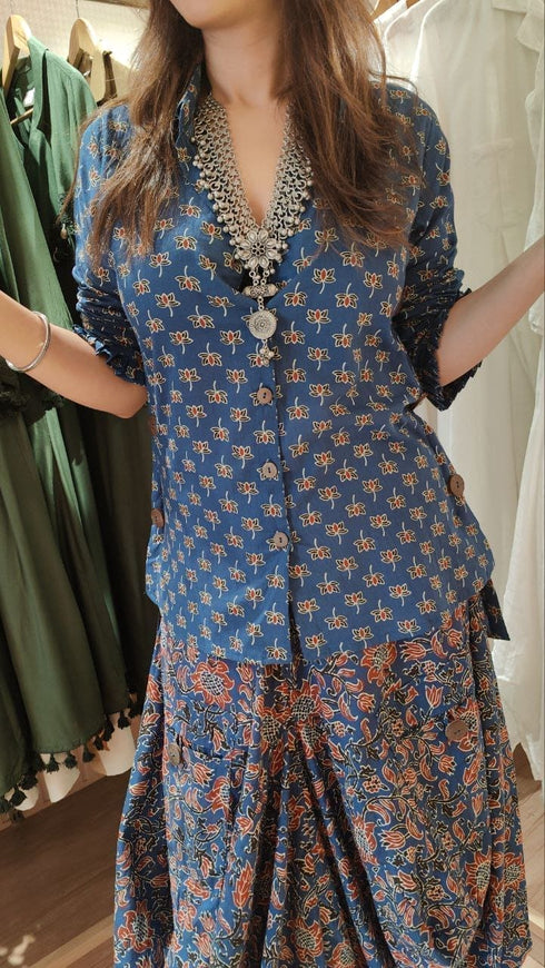 Jaipuri Blue Drape Skirt Set For Women